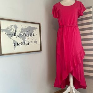 Soft Surroundings Bright Pink Faux Wrap Ruffle Belted Maxi Dress Size Small